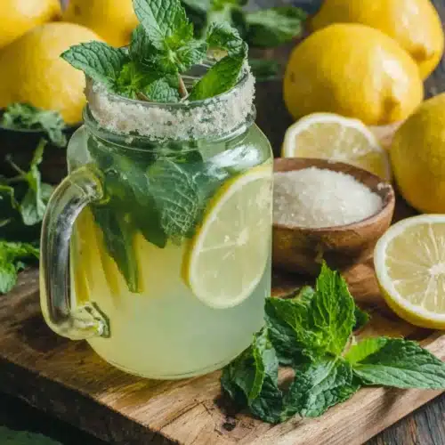 Mint lemonade in a mason jar with fresh mint and lemon slices