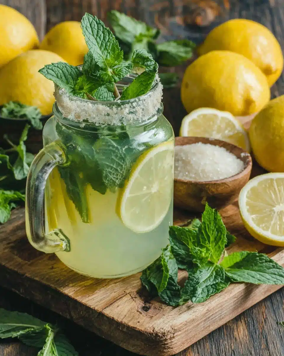 Mint lemonade in a mason jar with fresh mint and lemon slices