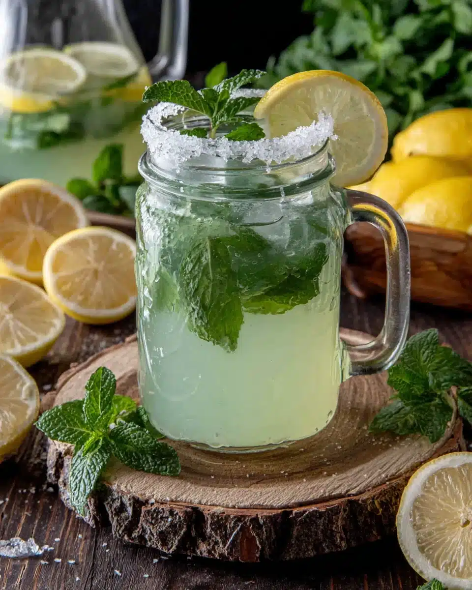 Mint lemonade in a mason jar with fresh mint and lemon garnish
