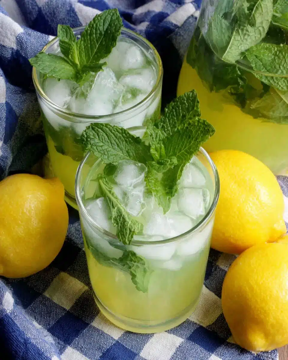 Moroccan mint lemonade with fresh lemons and mint on a checkered cloth
