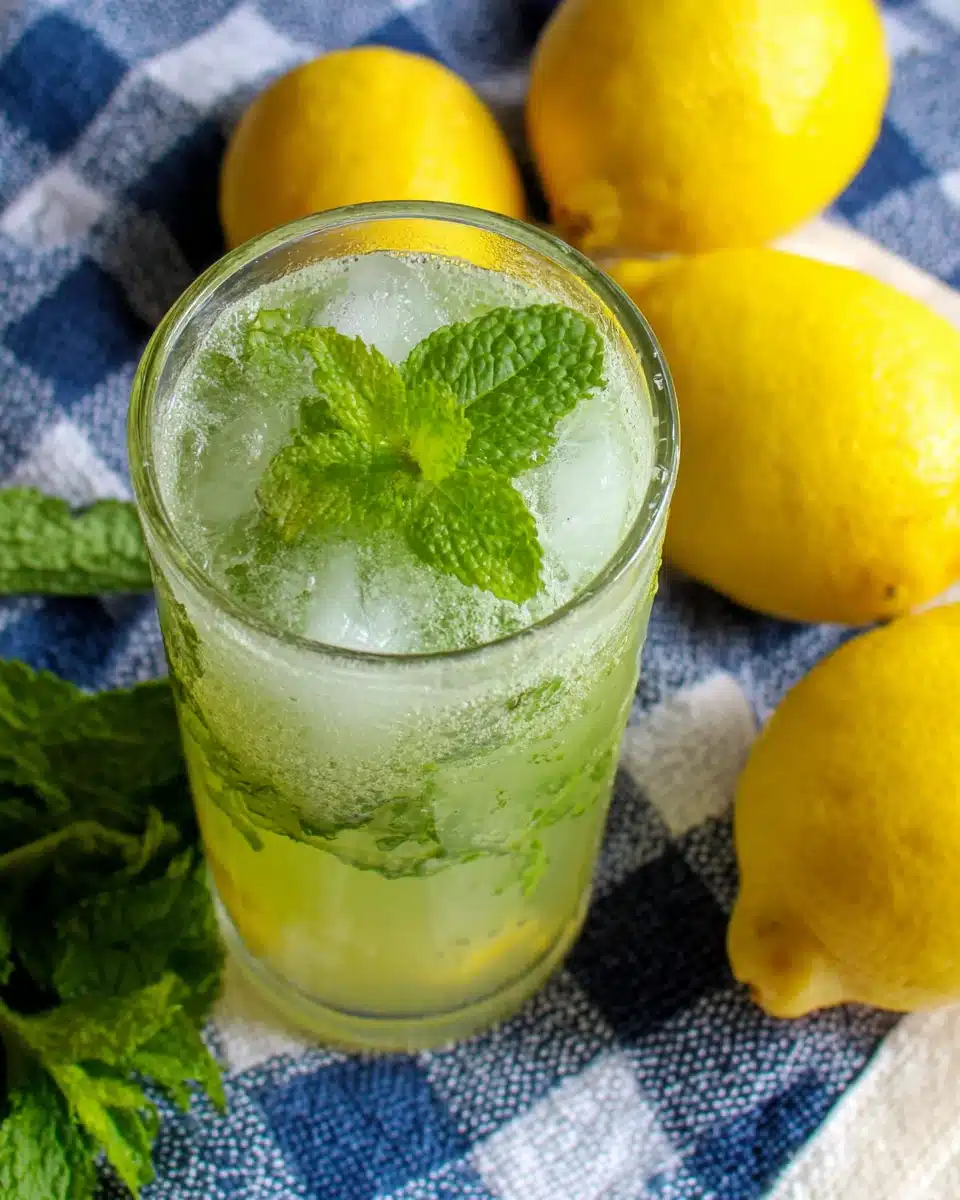 Moroccan mint lemonade in a glass with ice and mint, lemons on a checkered cloth