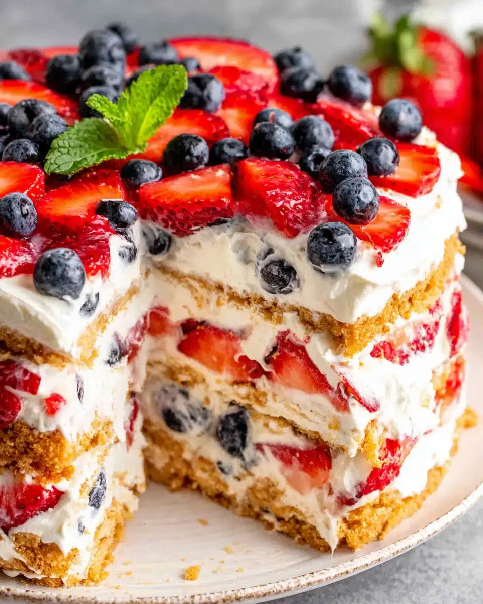 No bake berry icebox cake with layers of graham crackers, cream, strawberries, and blueberries
