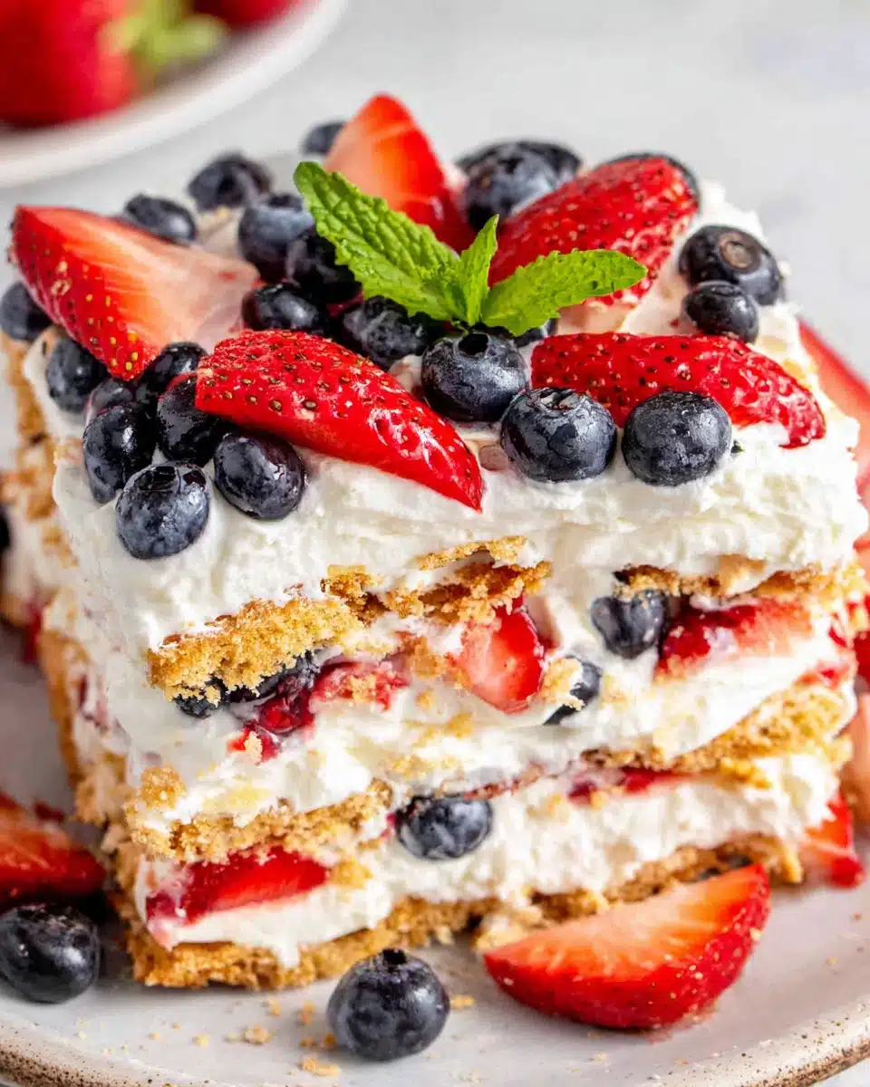 No bake berry icebox cake with layers of graham crackers, cream, strawberries, and blueberries