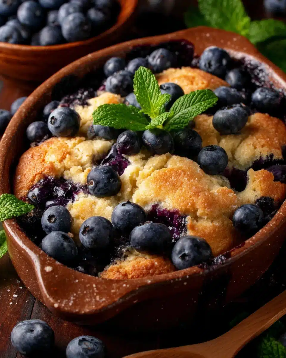 Old Fashioned Blueberry Cobbler with Fresh Mint Garnish Old fashioned blueberry cobbler in a ceramic dish with fresh mint and scattered berries