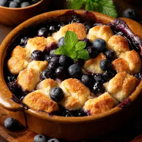 Old Fashioned Blueberry Cobbler: A Delightful Treat 1 Old fashioned blueberry cobbler in a ceramic dish with fresh mint and scattered berries