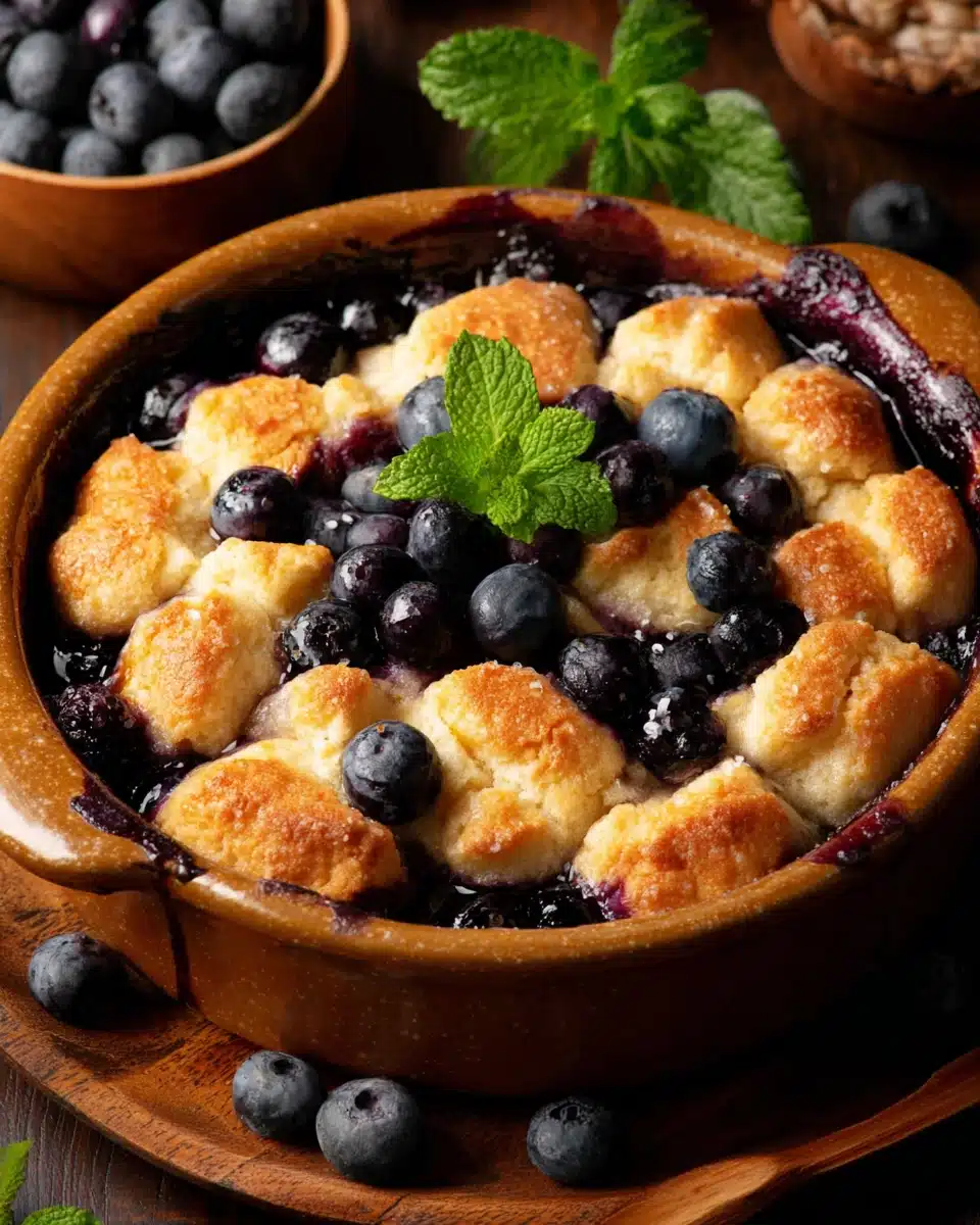 Old Fashioned Blueberry Cobbler with Fresh Mint Garnish Old fashioned blueberry cobbler in a ceramic dish with fresh mint and scattered berries