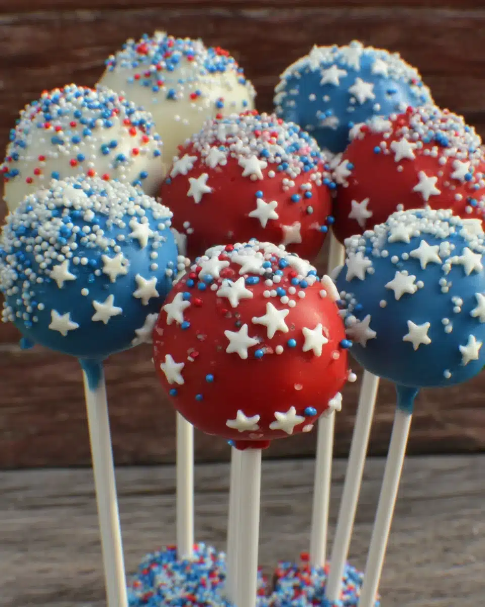 Red, white, and blue patriotic cake pops with star shapes and sprinkles