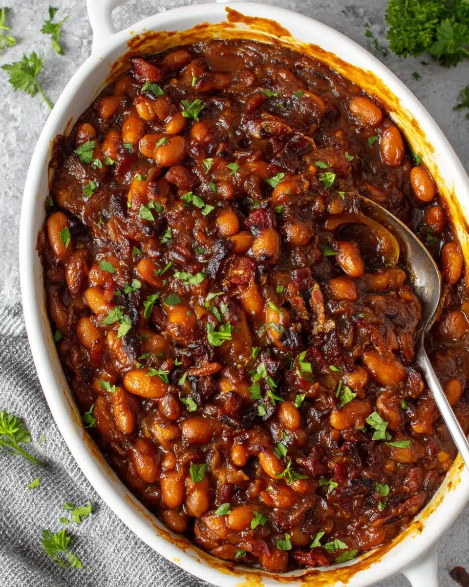 Paula Deen baked beans in a white dish with a spoon, garnished with parsley