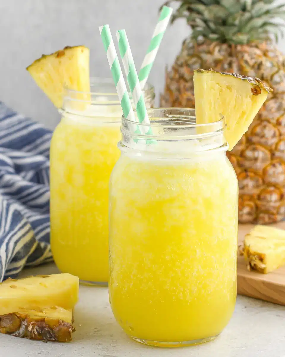 Pineapple aqua fresca in mason jars with pineapple garnish and striped straws