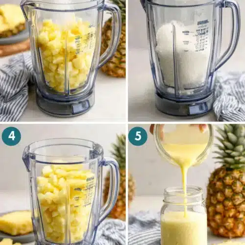 Step-by-step process of making pineapple aqua fresca in a blender with fresh pineapple chunks, sugar, and water