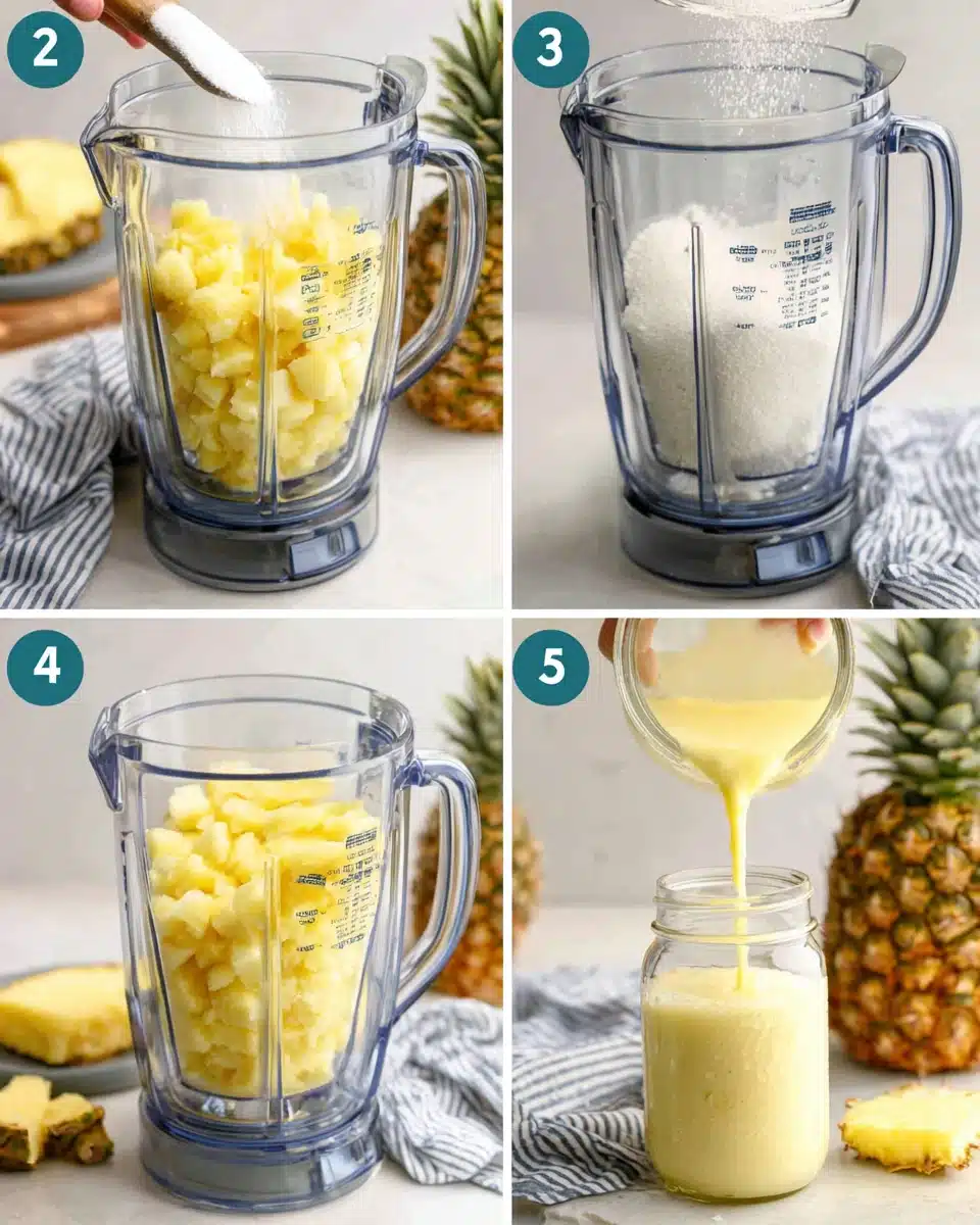 Step-by-step process of making pineapple aqua fresca in a blender with fresh pineapple chunks, sugar, and water