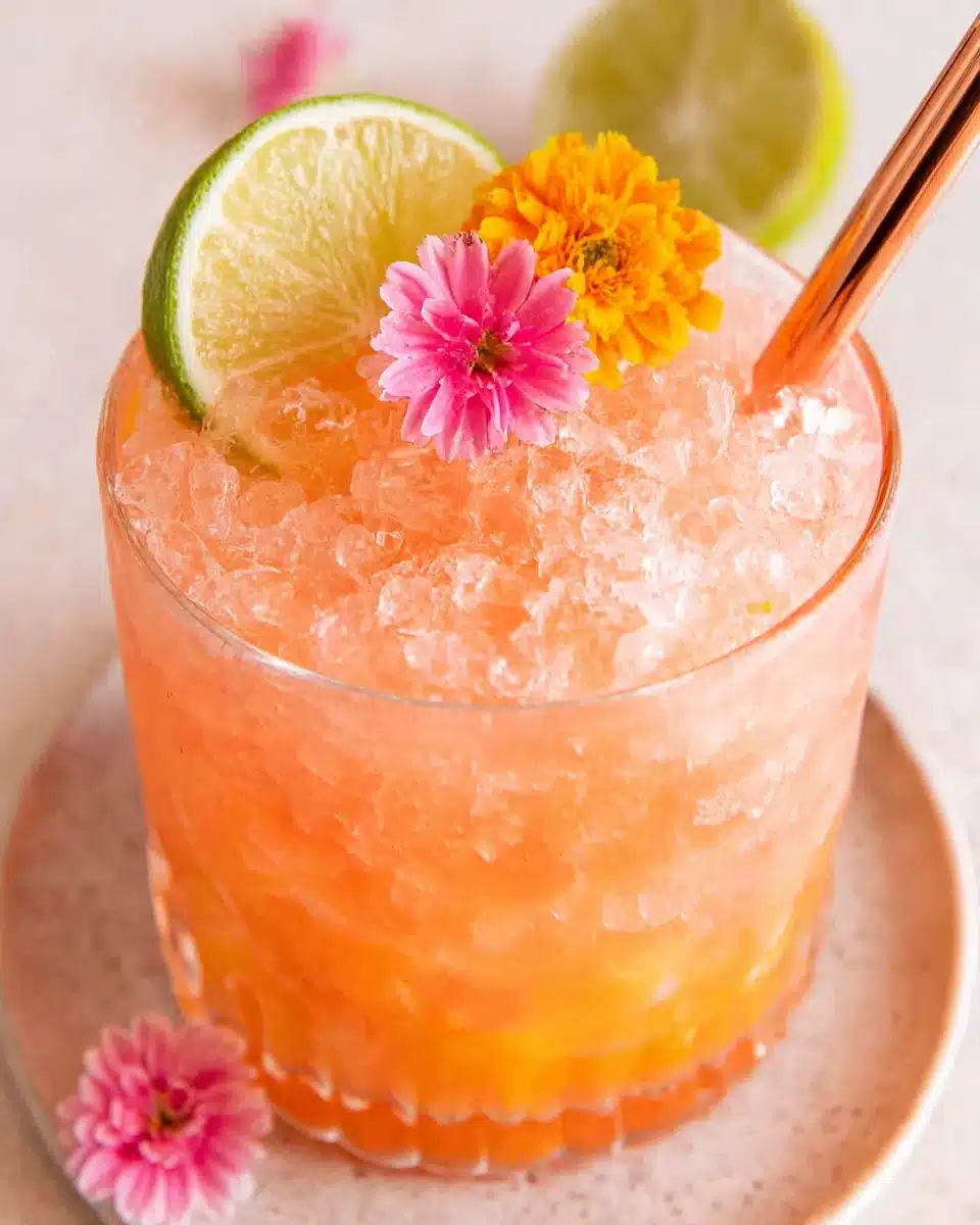 Pineapple mango rum punch with edible flowers and lime garnish