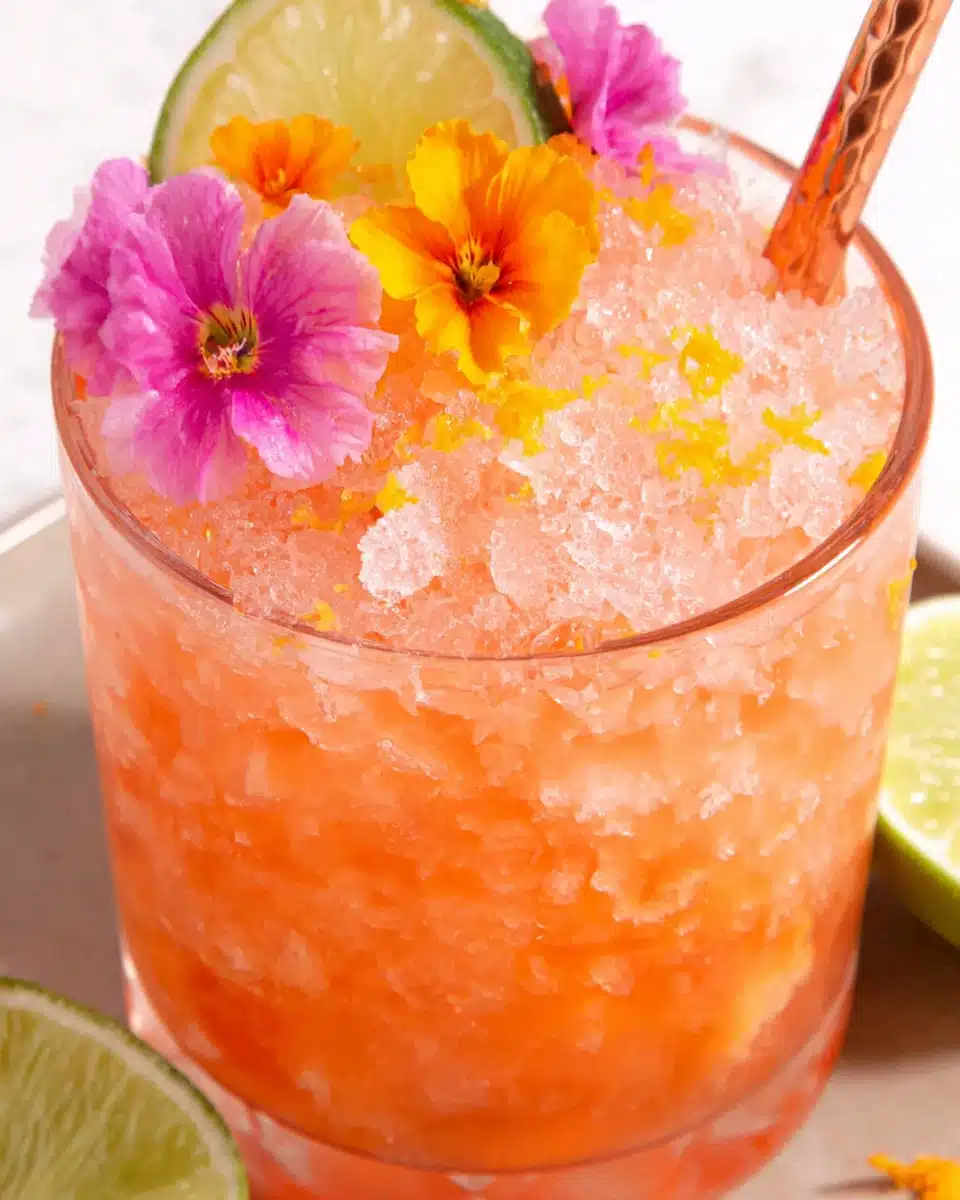 Pineapple mango rum punch in a glass with ice, lime, and edible flowers