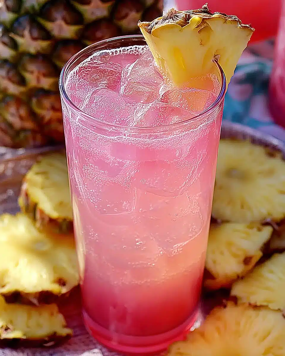 Pineapple pink lemonade party drink with ice and pineapple garnish