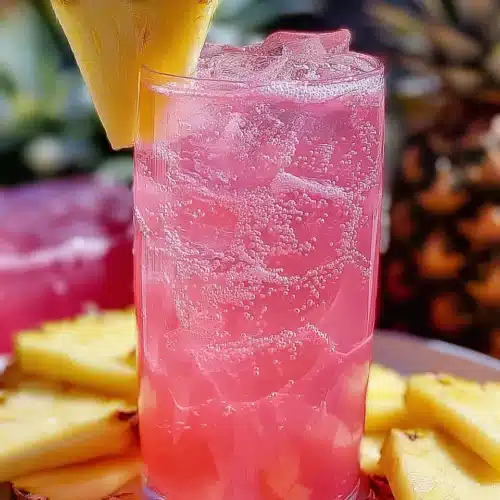 Pineapple pink lemonade party drink with ice and pineapple garnish