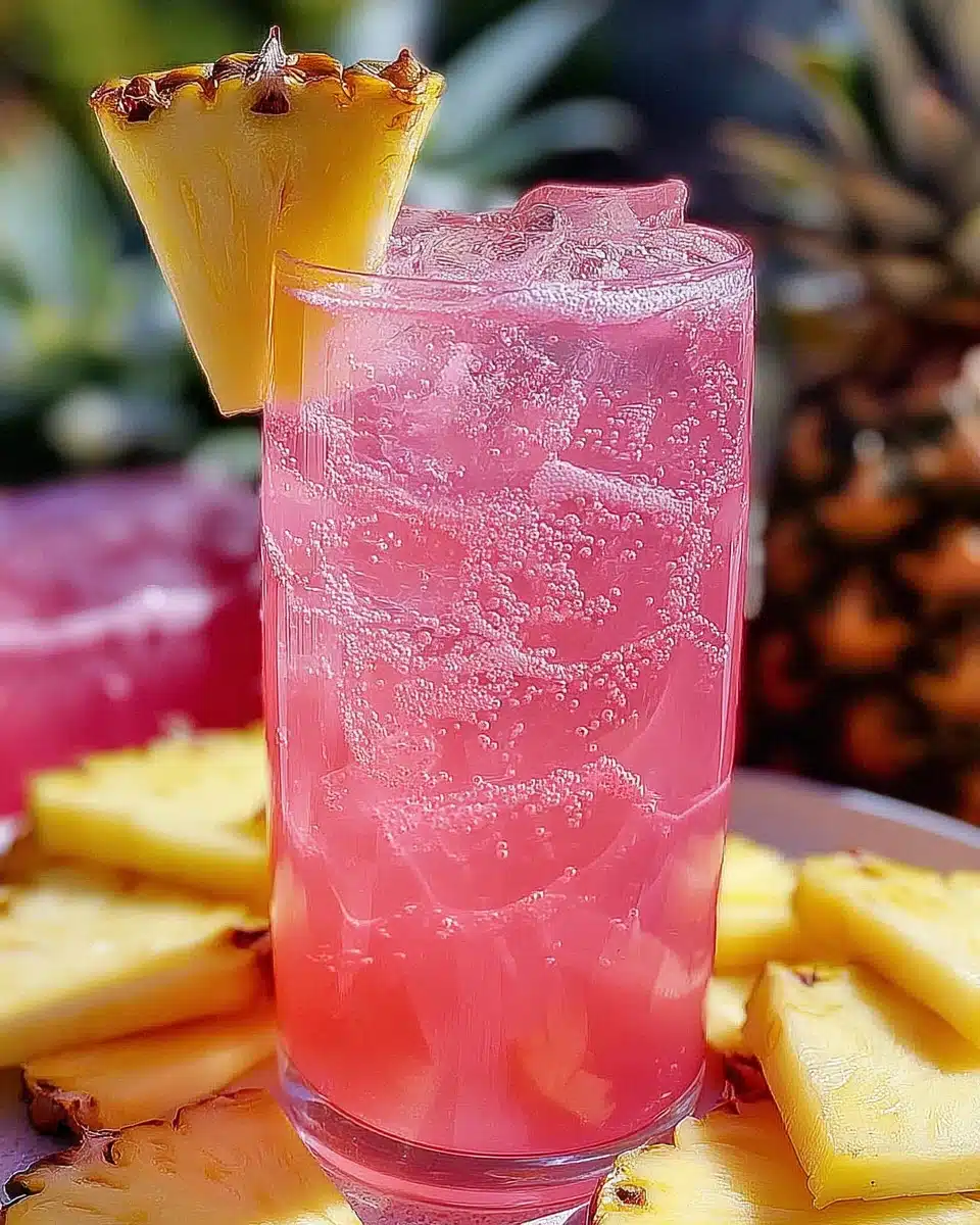 Pineapple pink lemonade party drink with ice and pineapple garnish