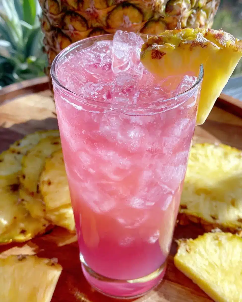 Pineapple pink lemonade party drink with ice and pineapple garnish