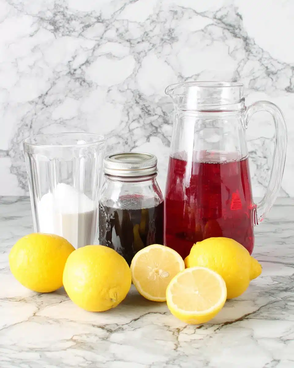 Pink lemonade ingredients including lemons, cranberry juice, sugar, and a pitcher on a marble surface