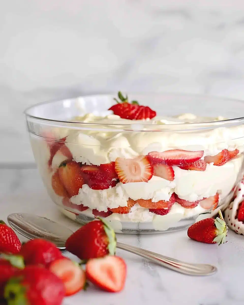 Punch bowl cake with layers of cake, pudding, and strawberries in a glass bowl