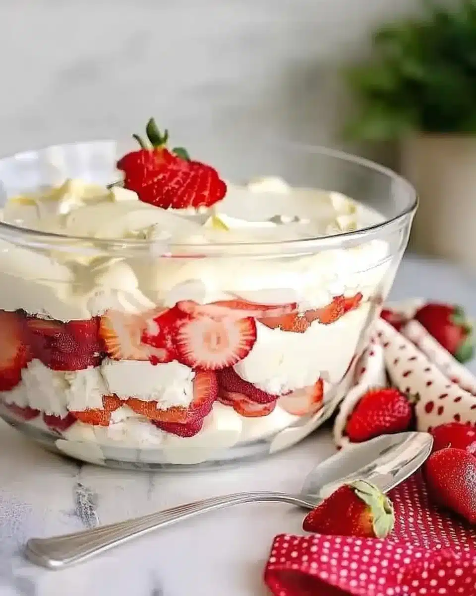 Punch bowl cake with layers of cake, pudding, and strawberries in a glass bowl