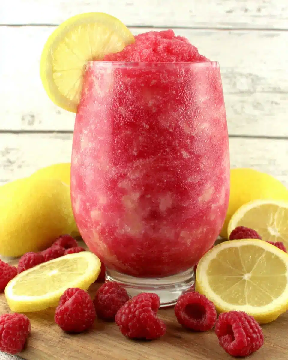 Raspberry Lemonade Slushie Recipe Refreshing raspberry lemonade slushie with lemon garnish and fresh berries