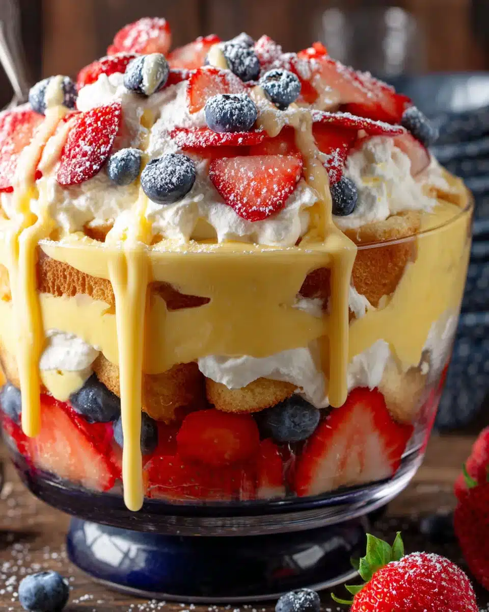 Red, white and blue trifle with strawberries, blueberries, whipped cream, and vanilla pudding in a glass bowl.