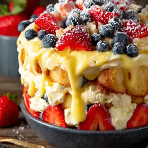 Red, white and blue trifle with strawberries, blueberries, and whipped cream in a dark bowl