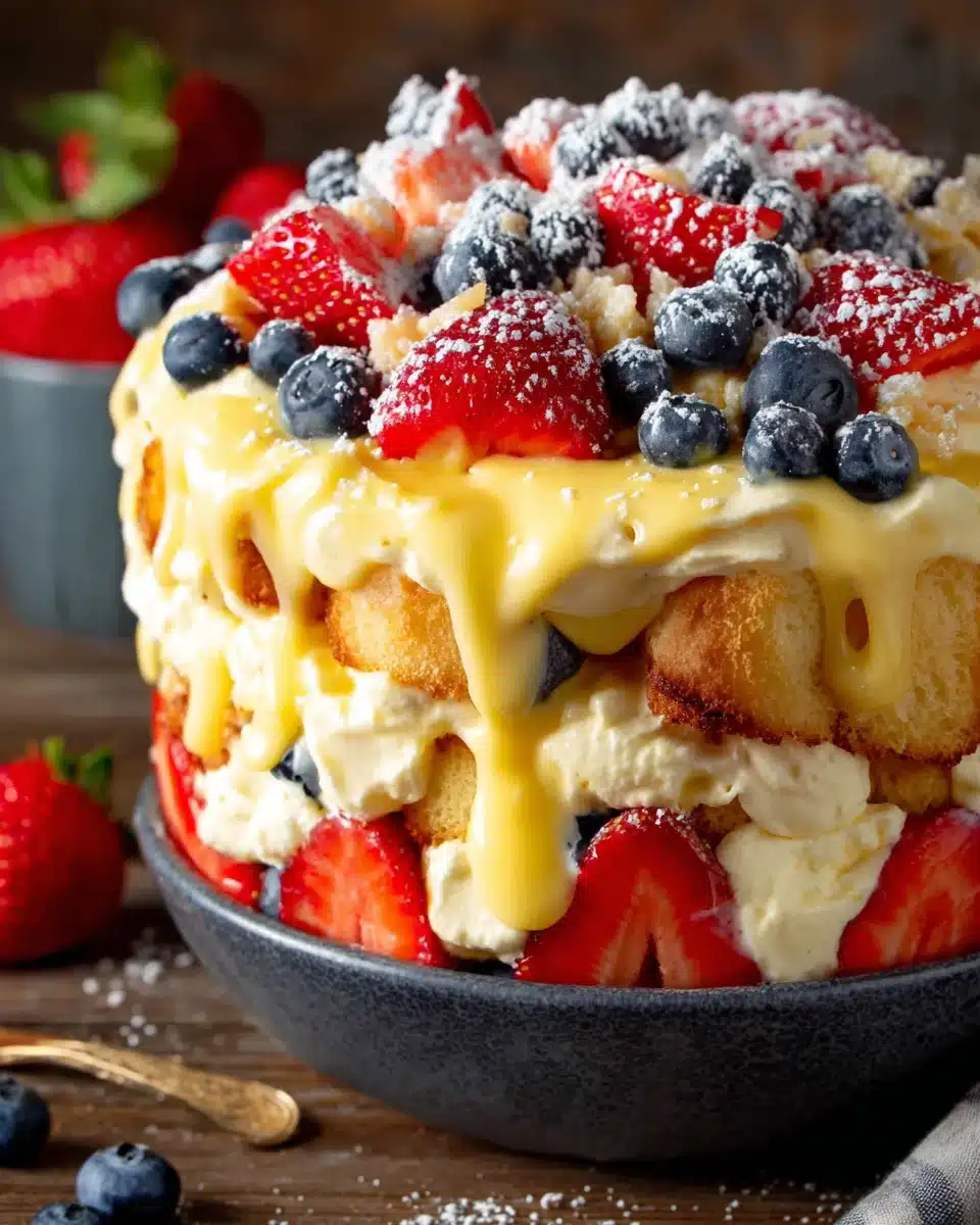 Red, white and blue trifle with strawberries, blueberries, and whipped cream in a dark bowl