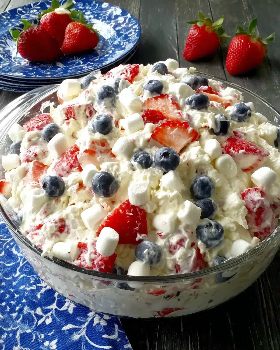 Red, white & blue cheesecake salad with strawberries, blueberries, and marshmallows in a glass dish