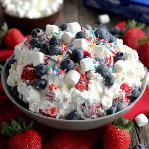Red white & blue fluff salad with strawberries, blueberries, and marshmallows in a bowl