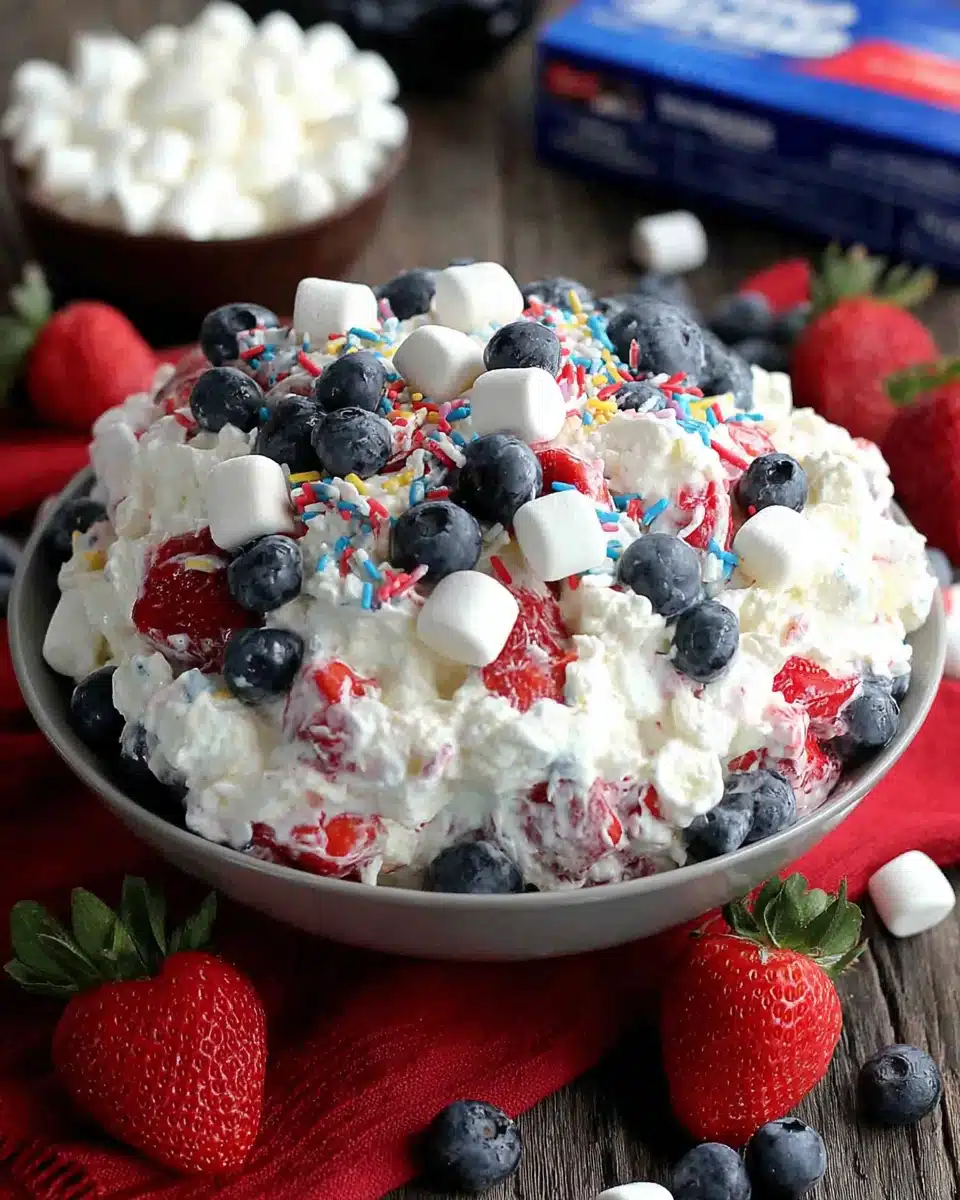 Red white & blue fluff salad with strawberries, blueberries, and marshmallows in a bowl