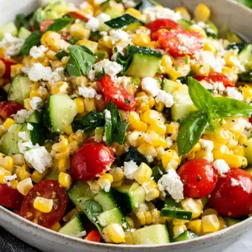 Refreshing corn salad with corn, tomatoes, cucumber, feta, and herbs in a white bowl