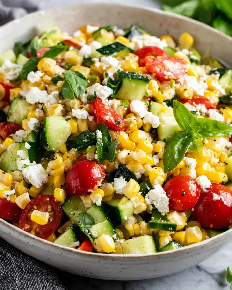 Refreshing corn salad with corn, tomatoes, cucumber, feta, and herbs in a white bowl
