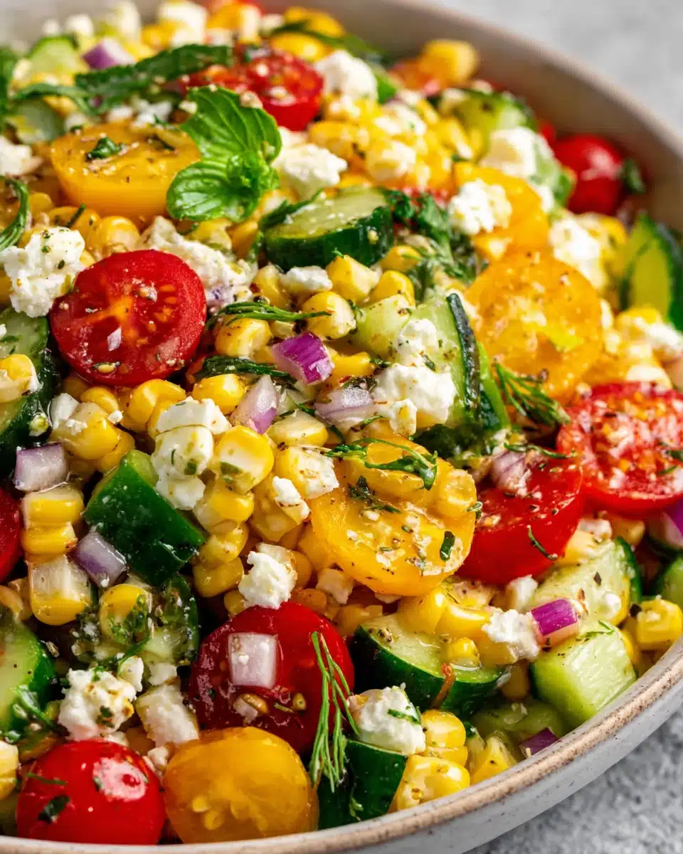 Refreshing corn salad with corn, tomatoes, cucumber, feta, and herbs in a bowl