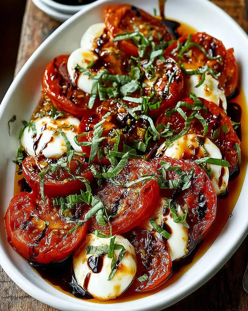 Roasted tomato caprese salad with mozzarella, basil, and balsamic glaze