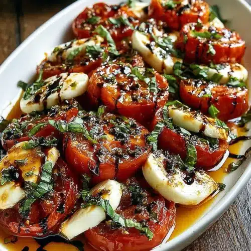 Roasted tomato caprese salad with mozzarella, basil, and balsamic glaze