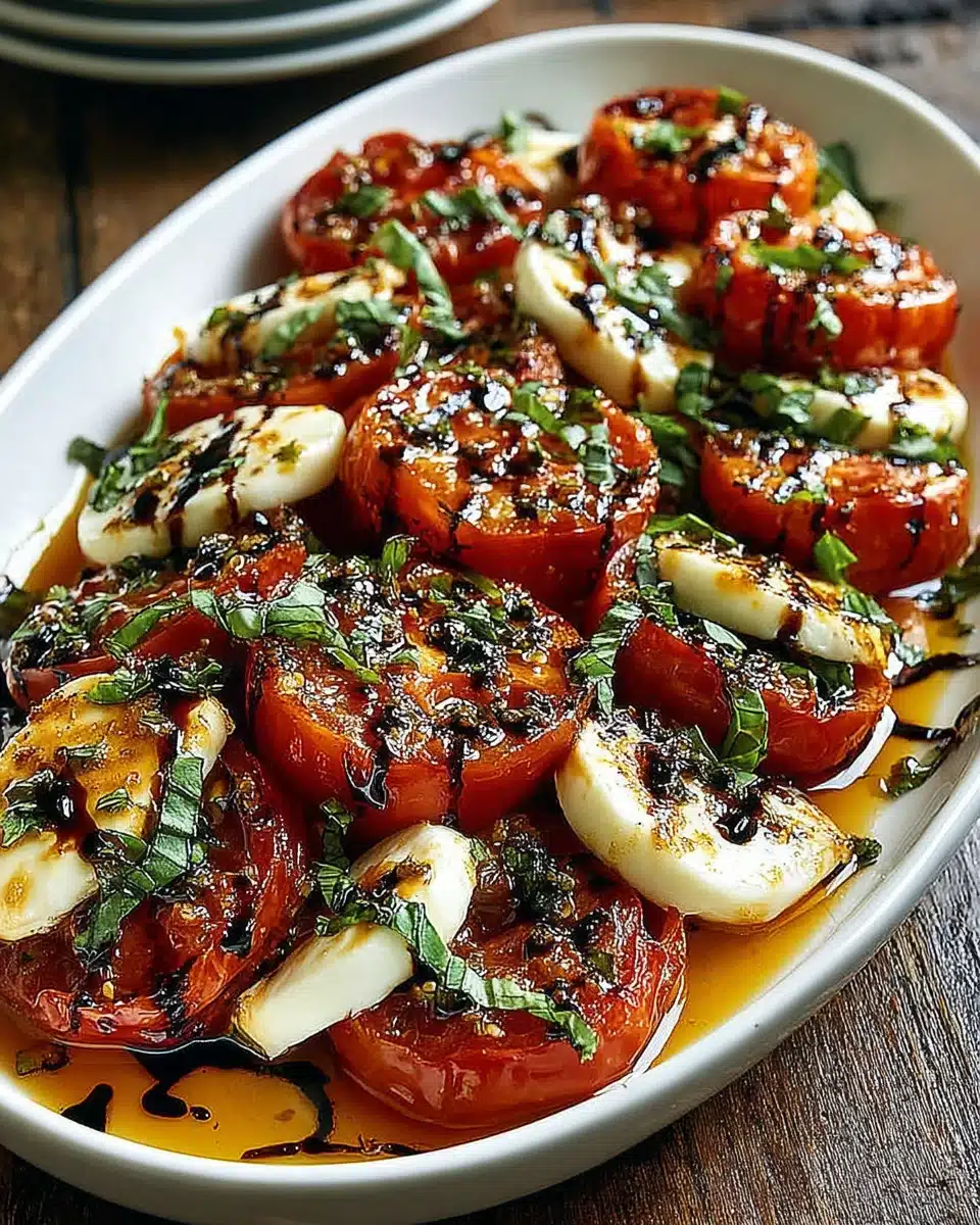 Roasted tomato caprese salad with mozzarella, basil, and balsamic glaze