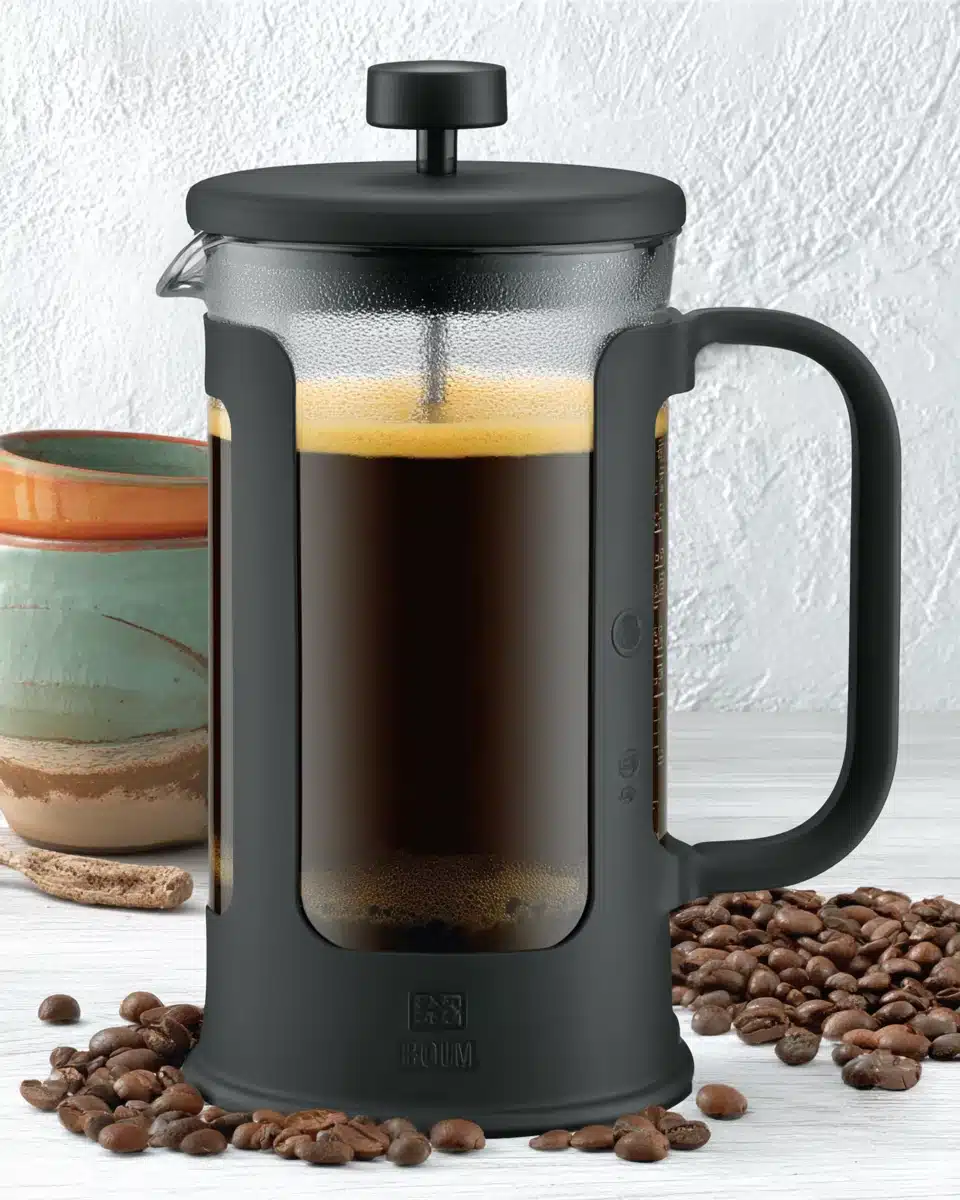 Salted Caramel Cream Cold Brew in French Press Salted caramel cream cold brew in a French press with creamy foam layer