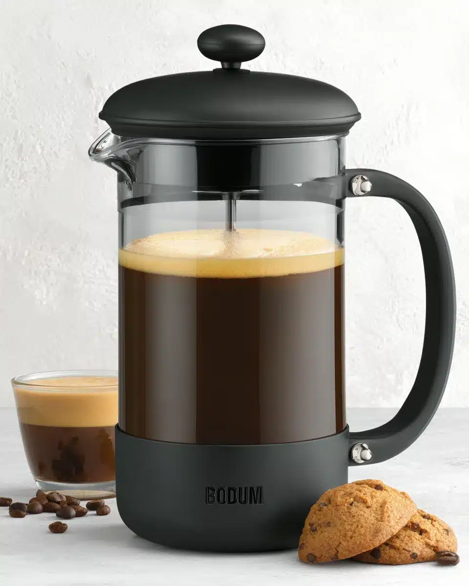 Salted Caramel Cream Cold Brew in French Press Salted caramel cream cold brew in a black French press, rich coffee with creamy top layer