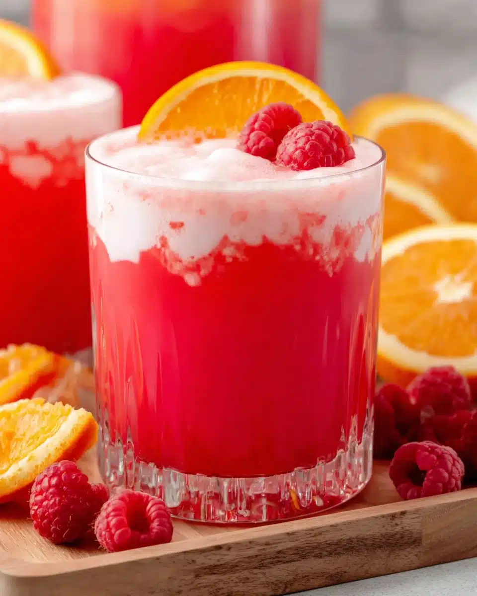 Refreshing Sherbet Party Punch with Fruit Garnish Sherbet party punch in a glass with orange slice and raspberry garnish
