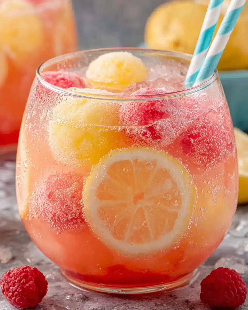 Colorful sherbet punch with rainbow sherbet scoops and fresh fruit in a glass bowl