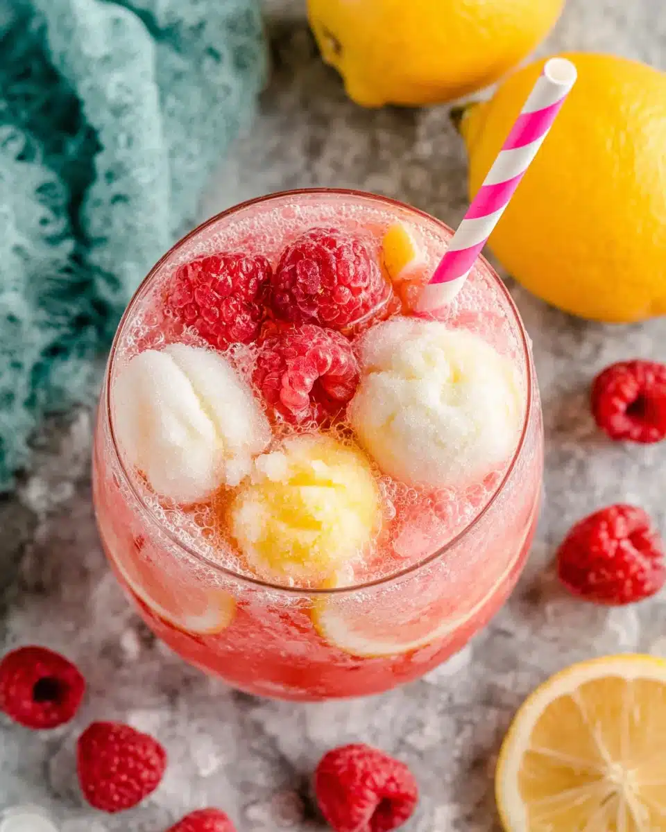 A refreshing glass of sherbet punch with frozen sherbet, raspberries, lemon slices, and a striped straw.