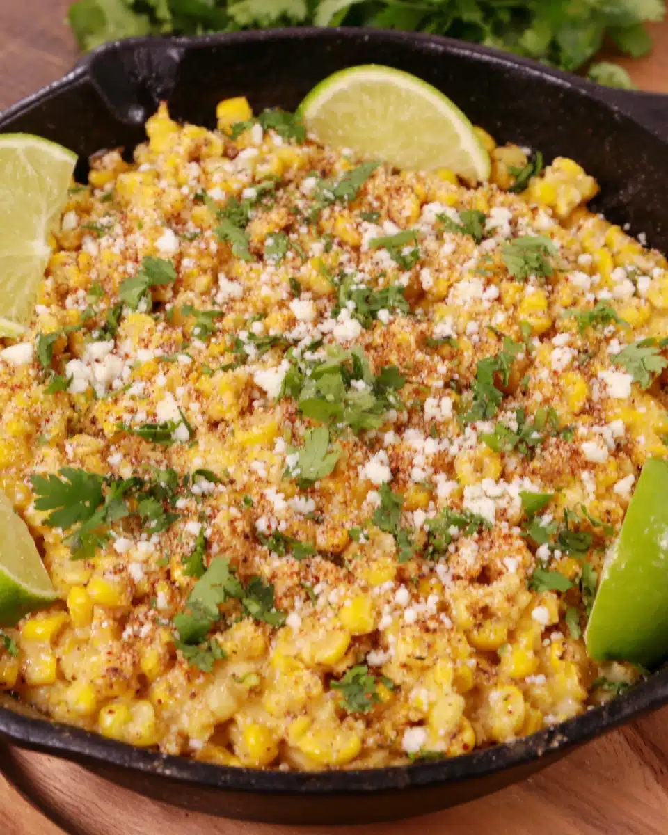Skillet Mexican street corn with lime wedges and cilantro in a cast iron pan