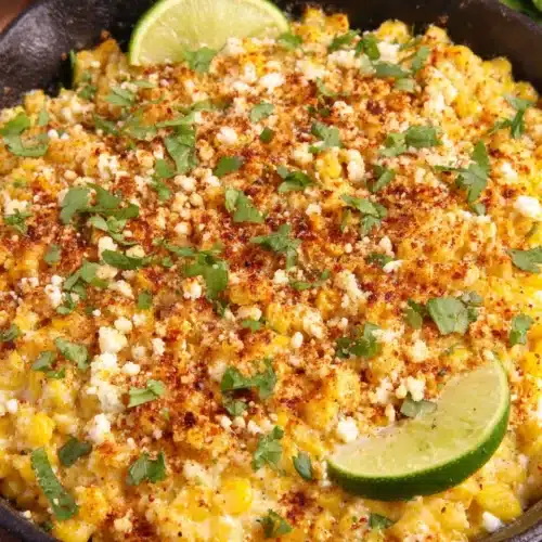 Skillet Mexican street corn with lime, cheese, and cilantro