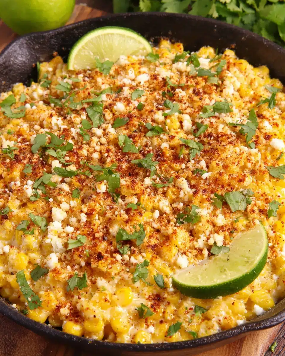 Skillet Mexican street corn with lime, cheese, and cilantro
