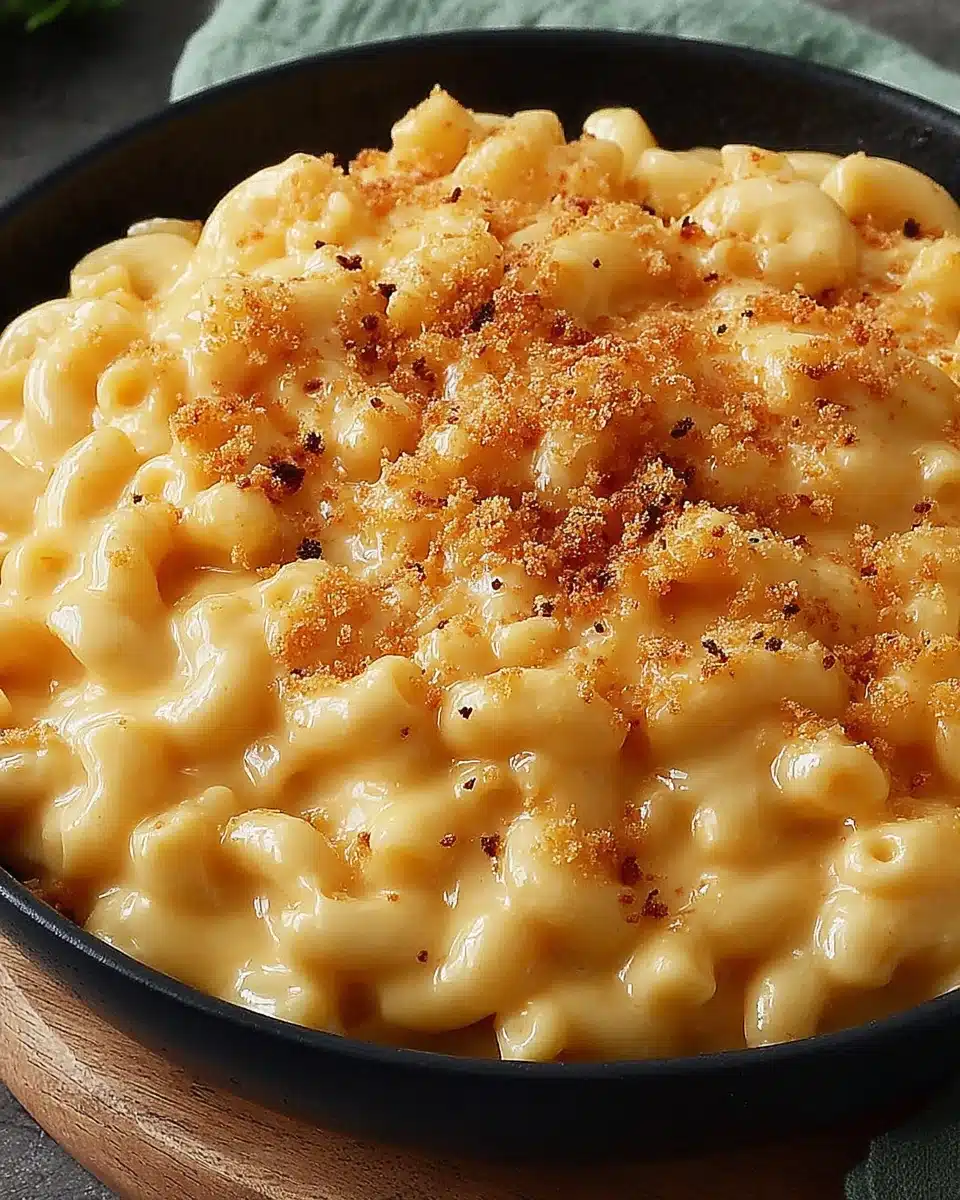Slow cooker macaroni and cheese with crispy breadcrumb topping in a black bowl