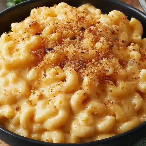 Slow cooker macaroni and cheese with crispy breadcrumb topping in a black bowl