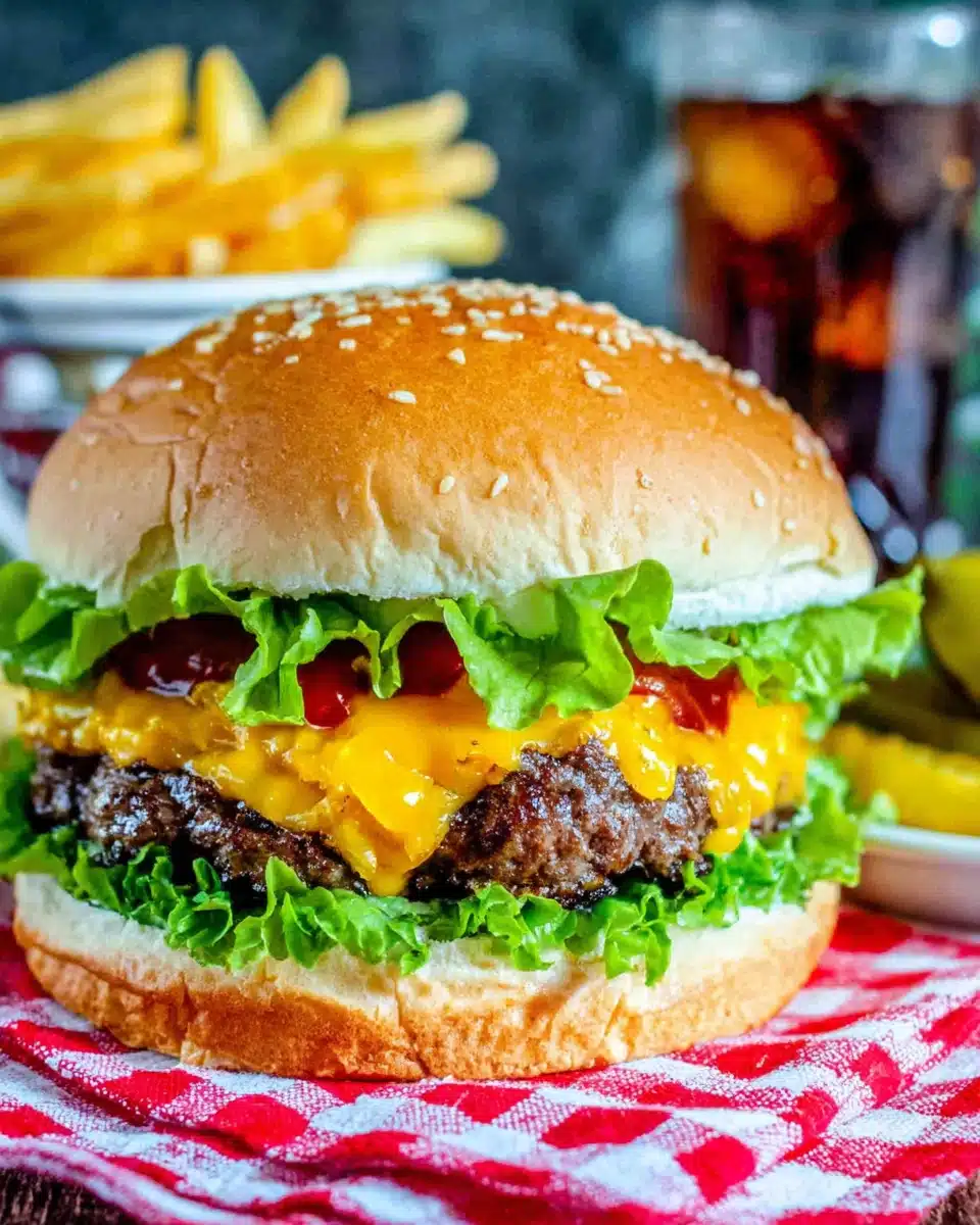 Juicy smash burger with melted cheese, lettuce, and ketchup on a soft bun, keyword: smash burger recipe
