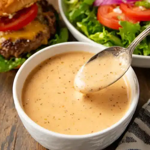 Creamy smash burger sauce in a white bowl with a spoon, served beside a juicy burger