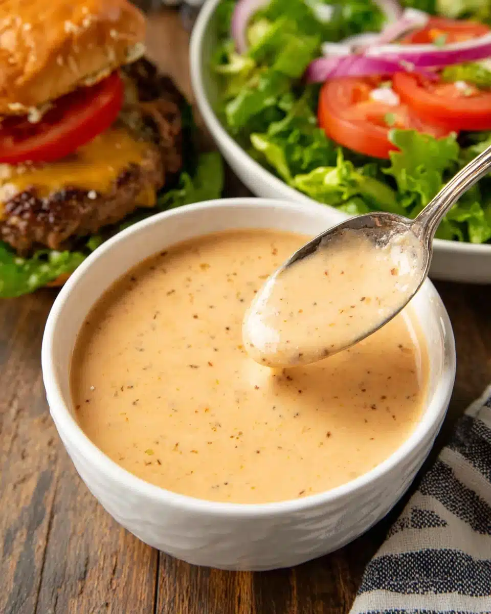 Creamy smash burger sauce in a white bowl with a spoon, served beside a juicy burger
